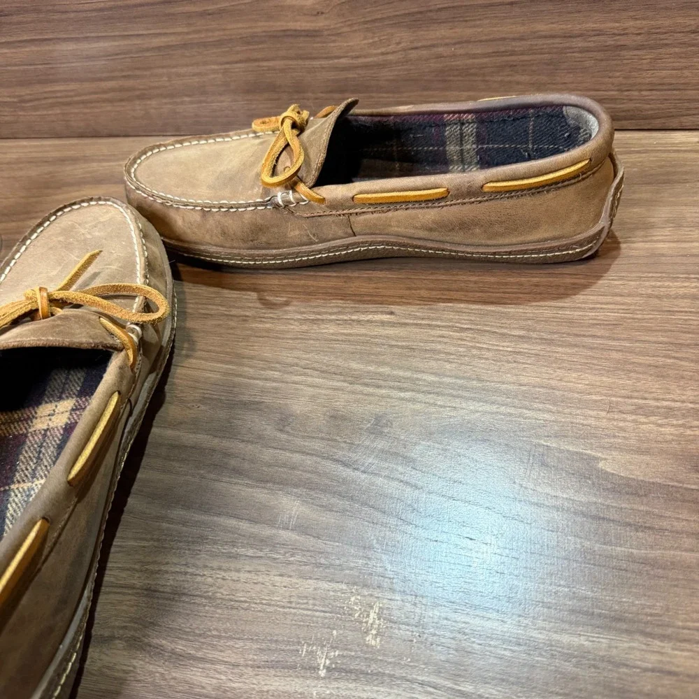 LL Bean Moccasin Slippers Mens 9 Brown Good Flannel Lined Leather 212164